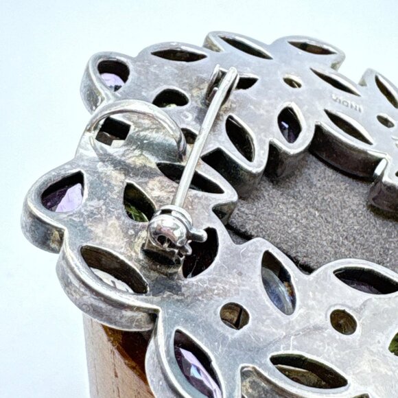 VTG Solid Sterling Silver 925 Multi-Gemstone Circle Brooch Size 1.25" Length - Picture 9 of 13